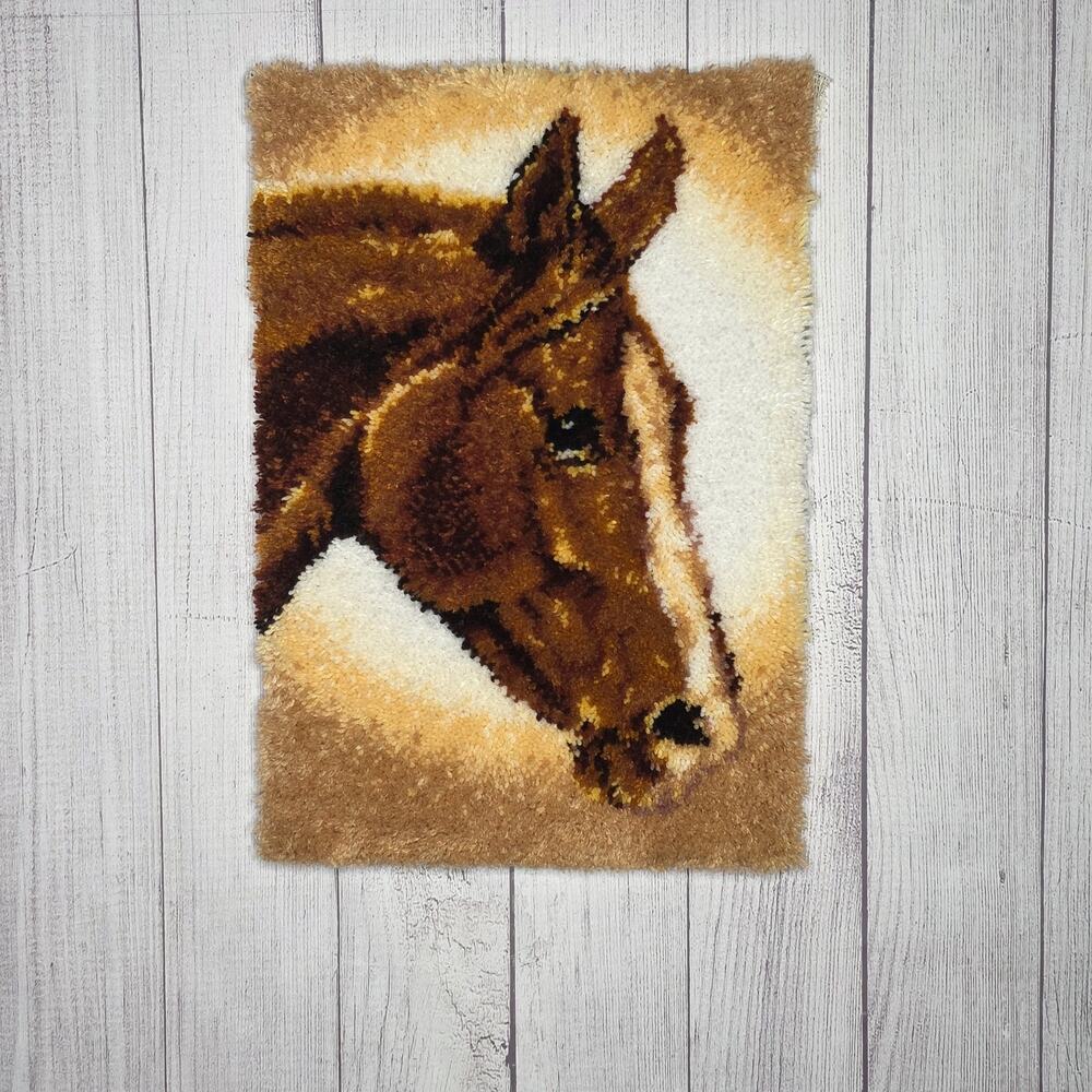 Vintage WonderArt Horse Latch Hook Wall Hanging 20x30 Handmade Ready to Hang